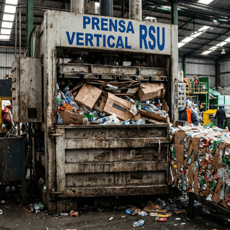 Industrial vertical press labeled PRENSA VERTICAL RSU compressing cardboard and plastic in a recycling facility.