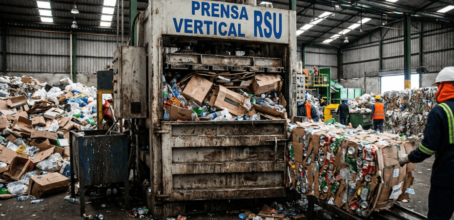 Industrial vertical press labeled PRENSA VERTICAL RSU compressing cardboard and plastic in a recycling facility.