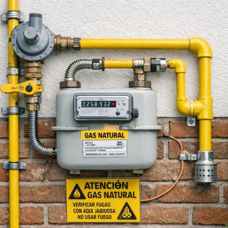 Natural gas meter with yellow piping and safety warning sign on brick wall