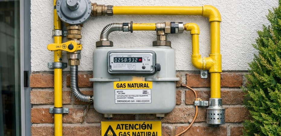 Natural gas meter with yellow piping and safety warning sign on brick wall