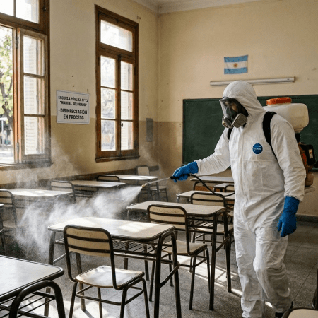 Person in protective suit disinfecting classroom desks with spray