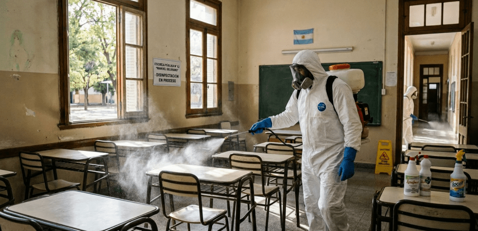 Person in protective suit disinfecting classroom desks with spray
