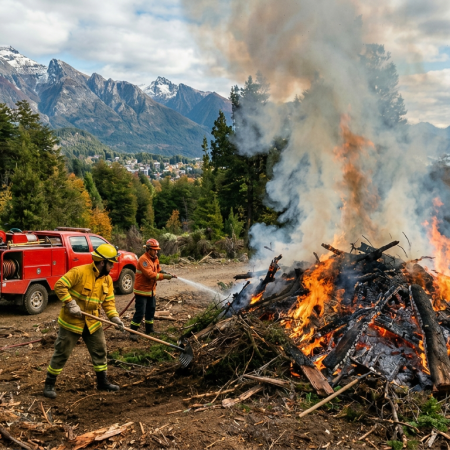 Firefighters in yellow gear managing a large bonfire with fire truck in forested mountain landscape
