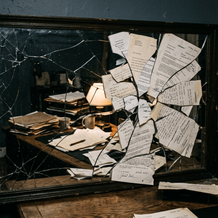 A cracked wall mirror with torn papers attached within the broken shards reflecting a desk cluttered with papers and books