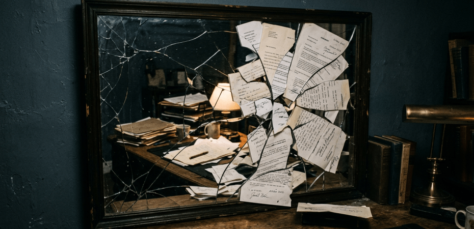 A cracked wall mirror with torn papers attached within the broken shards reflecting a desk cluttered with papers and books